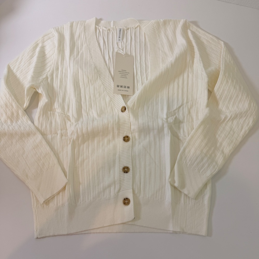 FREEOAK Women Ribbed Knit Cardigan Sweater Cream White V-Neck Button Up Medium